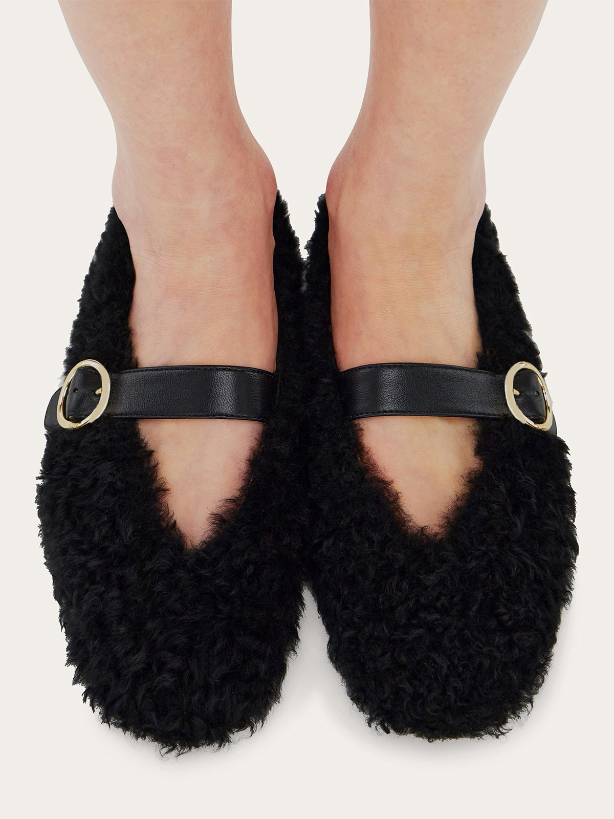 Black Plush Square-Toe Vegan Leather Bridge Strap Ballet Flats