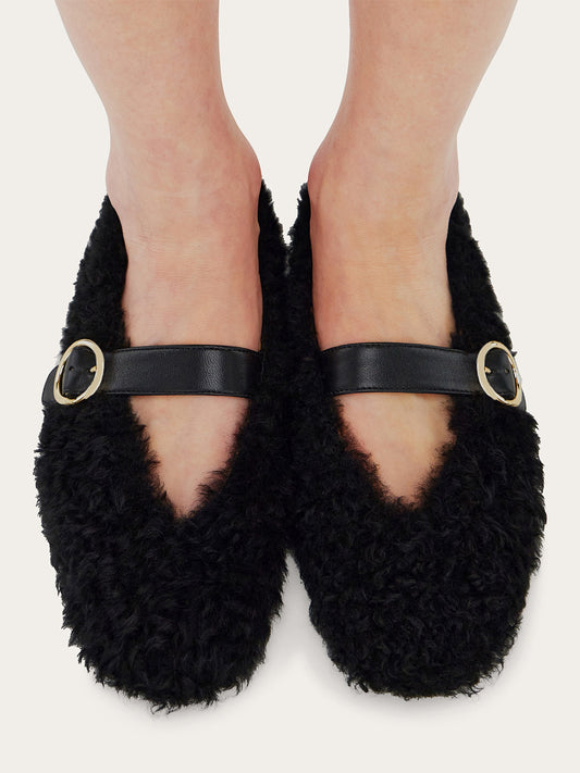 Black Plush Square-Toe Vegan Leather Bridge Strap Ballet Flats