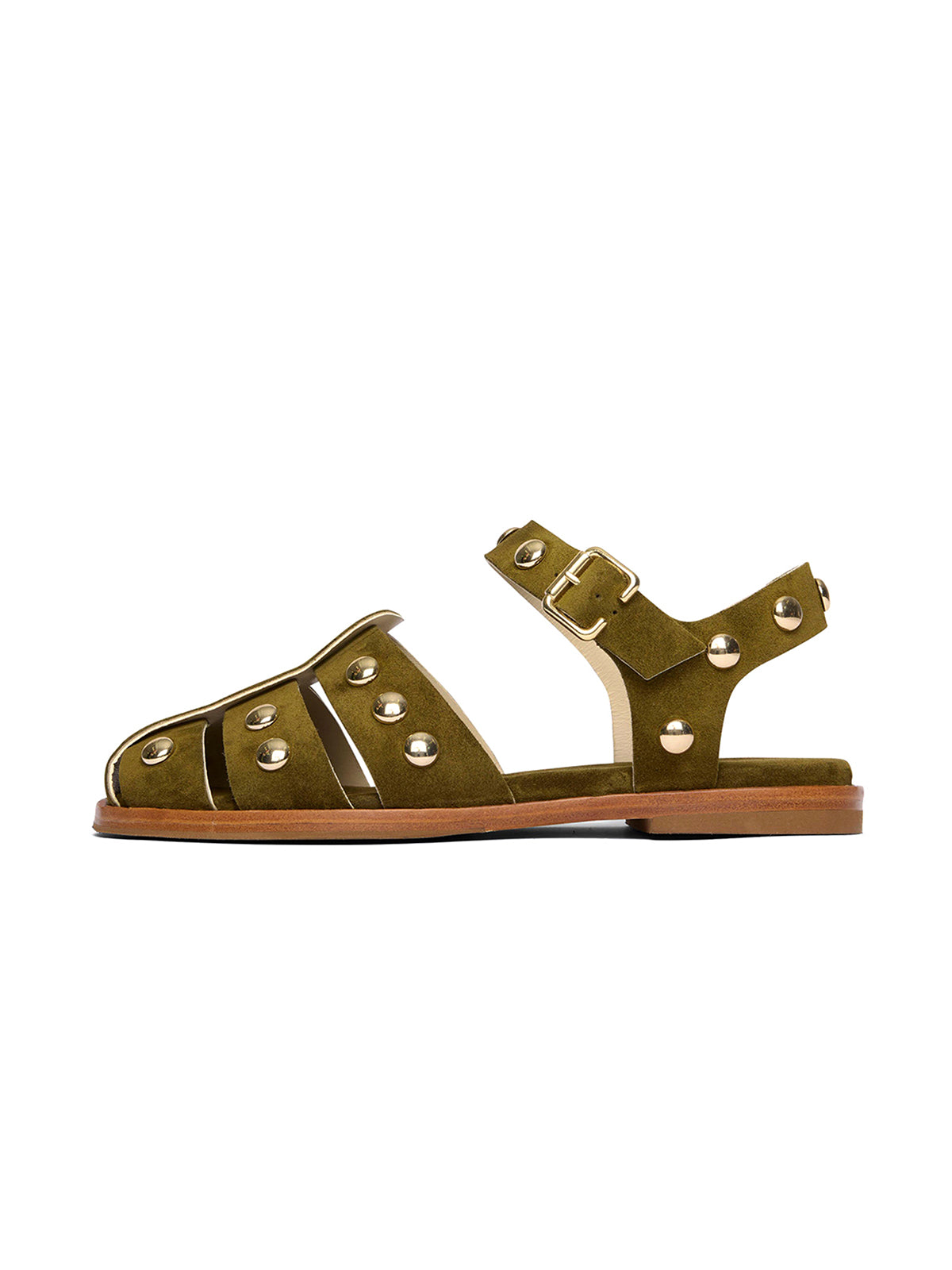 Olive Green Faux Suede Round-Toe Fisherman Studs Sandals Flats