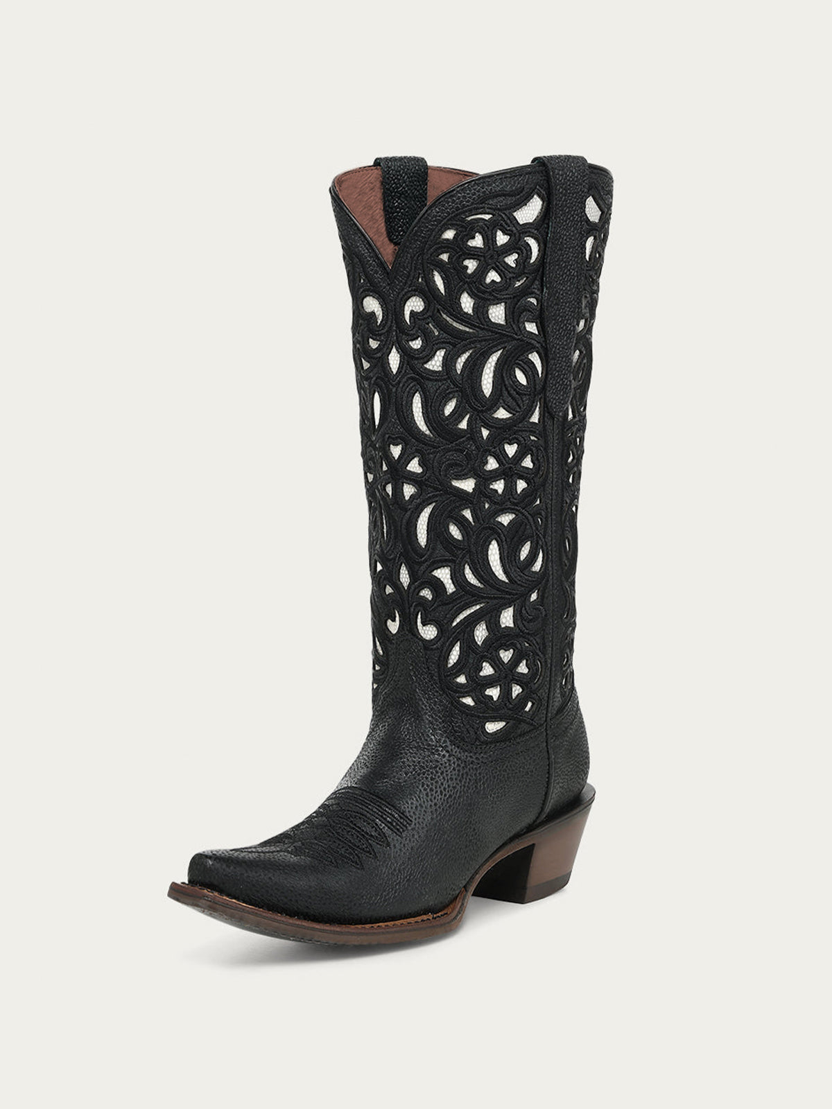 Black Snip-Toe Inlay And Floral Embroidery Chic Mid Calf Cowgirl Boots