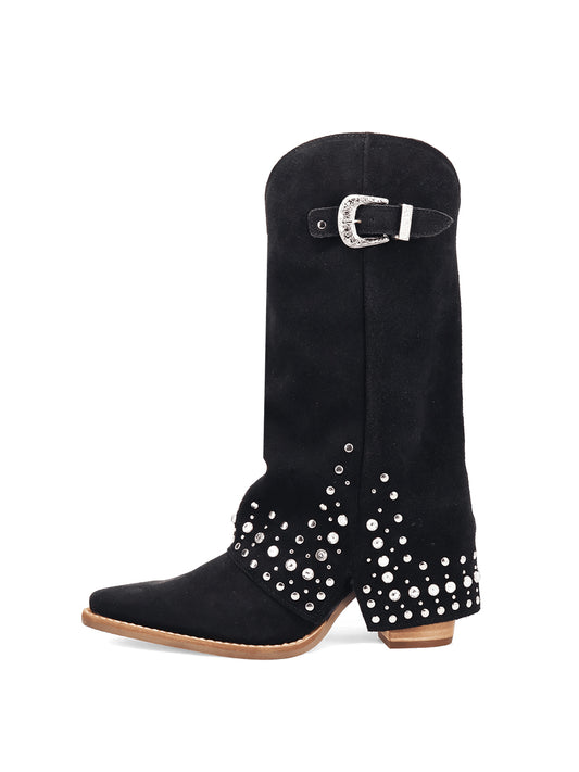 Black Faux Suede Snip-Toe Fold-Over Rhinestones Top Buckle Mid Calf Cowgirl Boots
