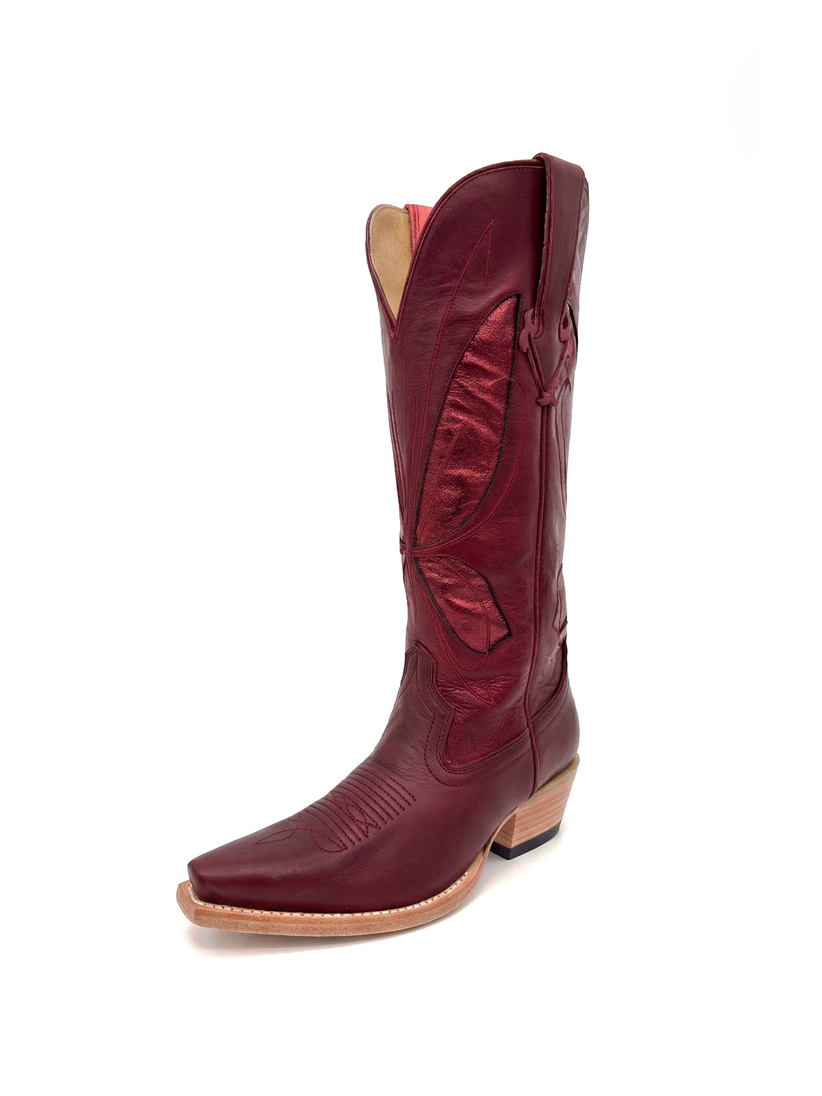 Red Snip-Toe Metallic Butterfly Inlay Wide Calf Knee High Cowgirl Boots