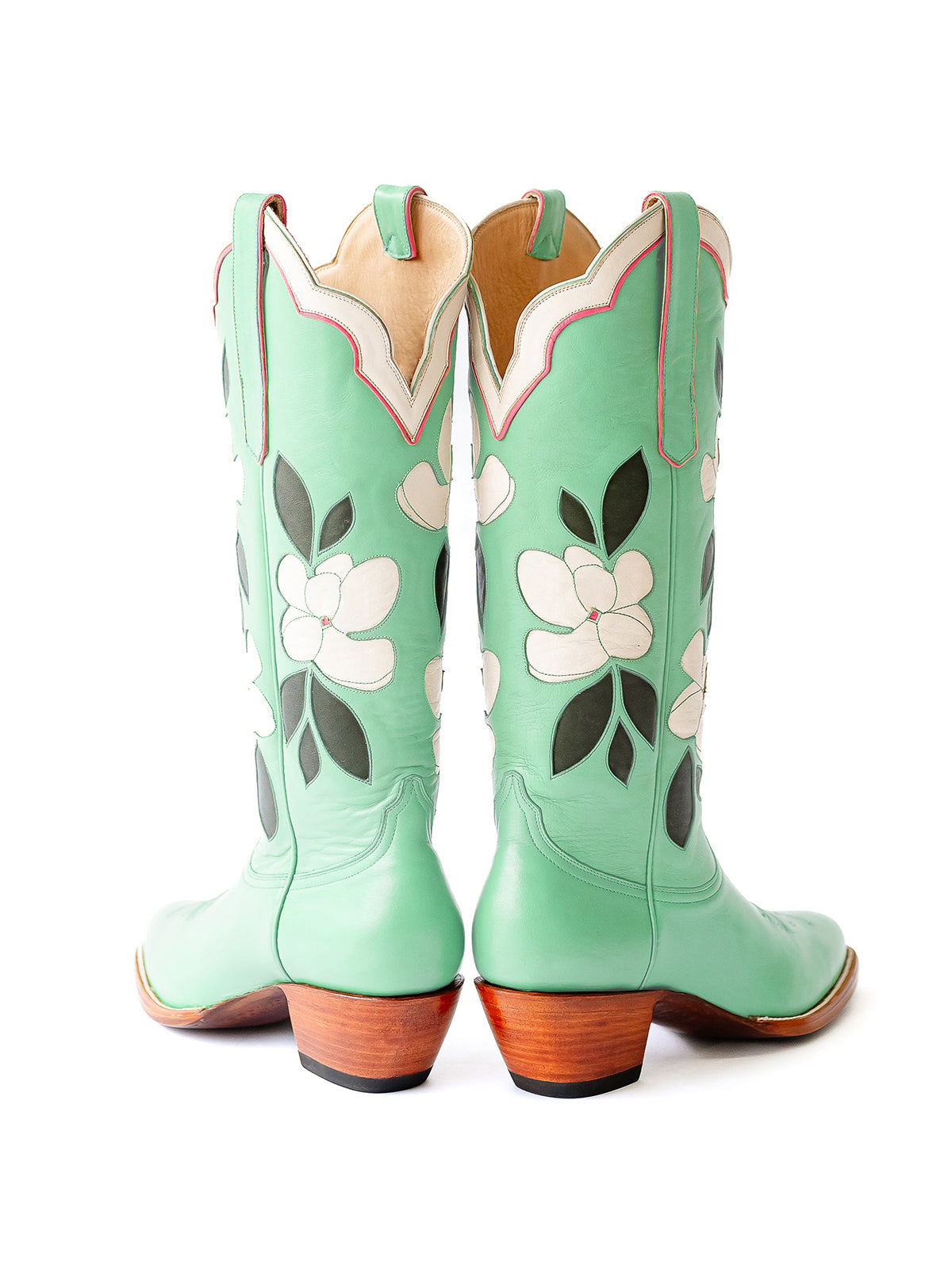 Mint Green Almond-Toe White Flower Inlay Wide Calf Knee High Cowgirl Boots