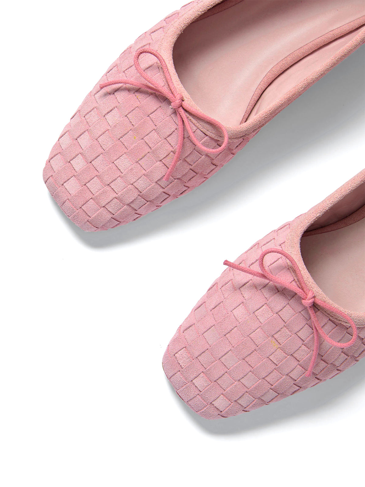 Pink Woven Faux Suede Square-Toe Front Bow Ballet Flats