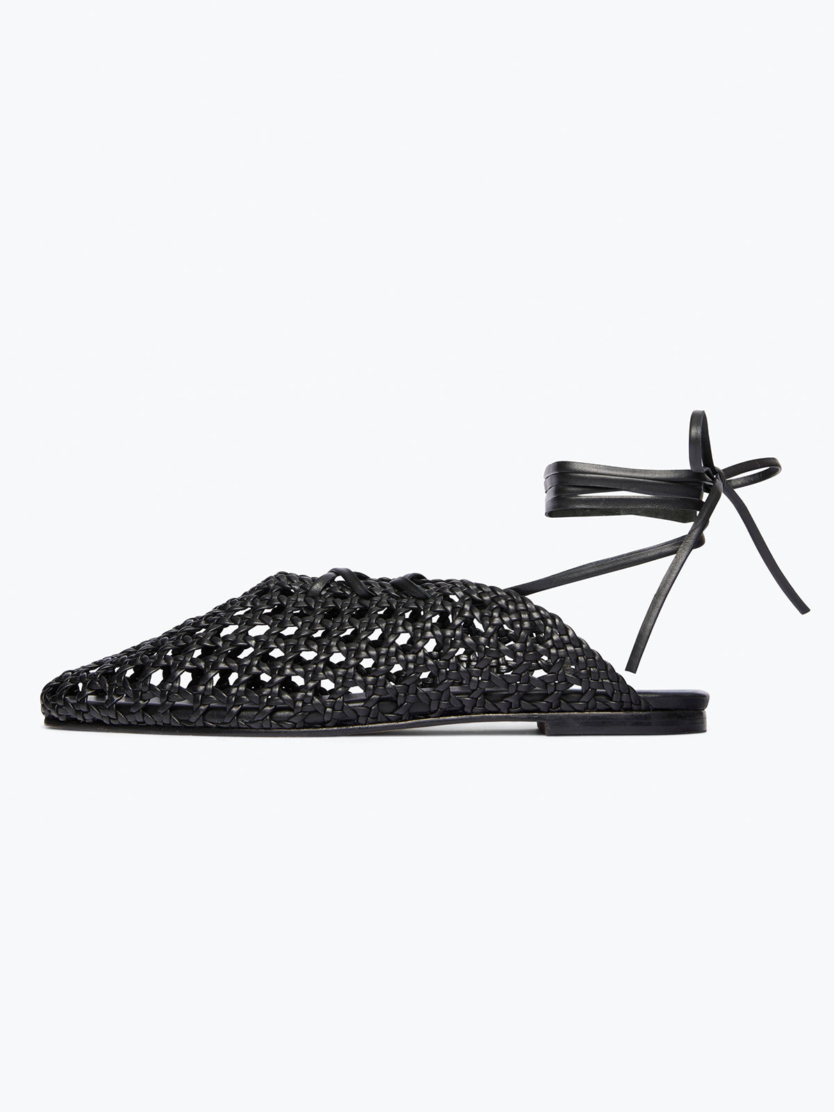 Woven Vegan Leather Square-Toe Ankle Lace-Up Backless Flats - Black