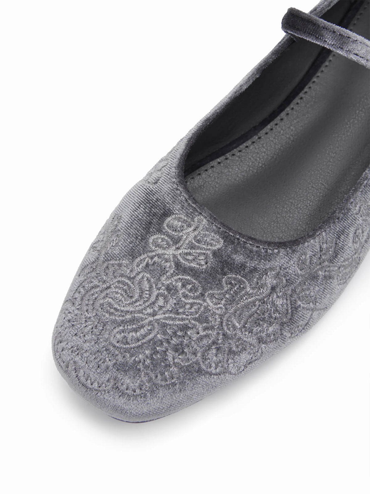 Gray Velvet Square-Toe Leaves Embroidery Chic Mary Jane Ballet Flats