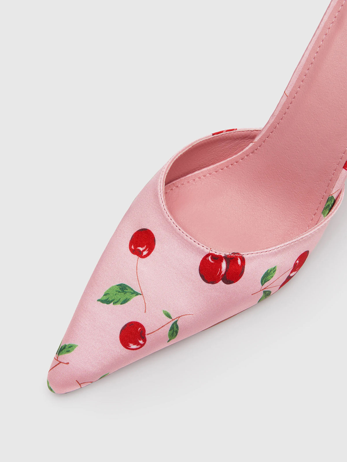 Pink Satin Pointed-Toe Cherry Pattern Slip-On High Heels