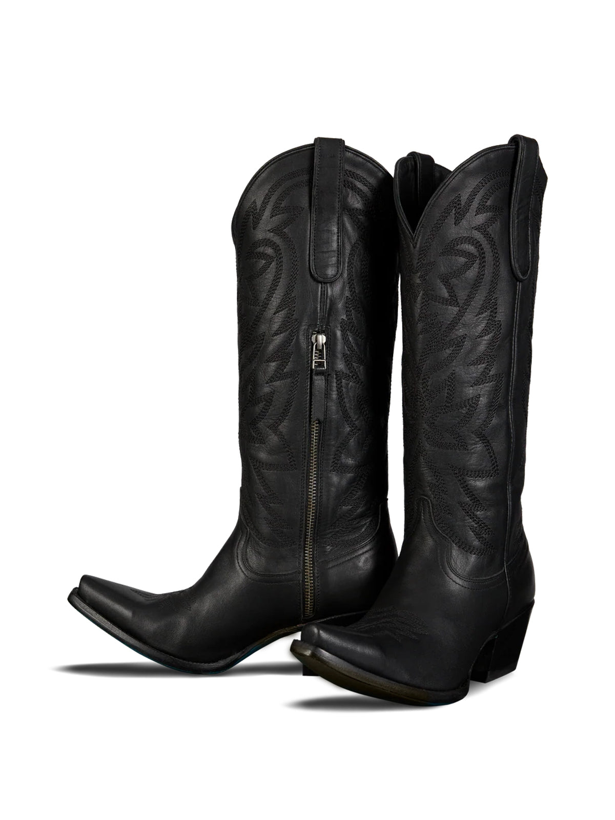Western Snip-Toe Embroidery Classic Knee High Half-Zip Cowgirl Boots - Black