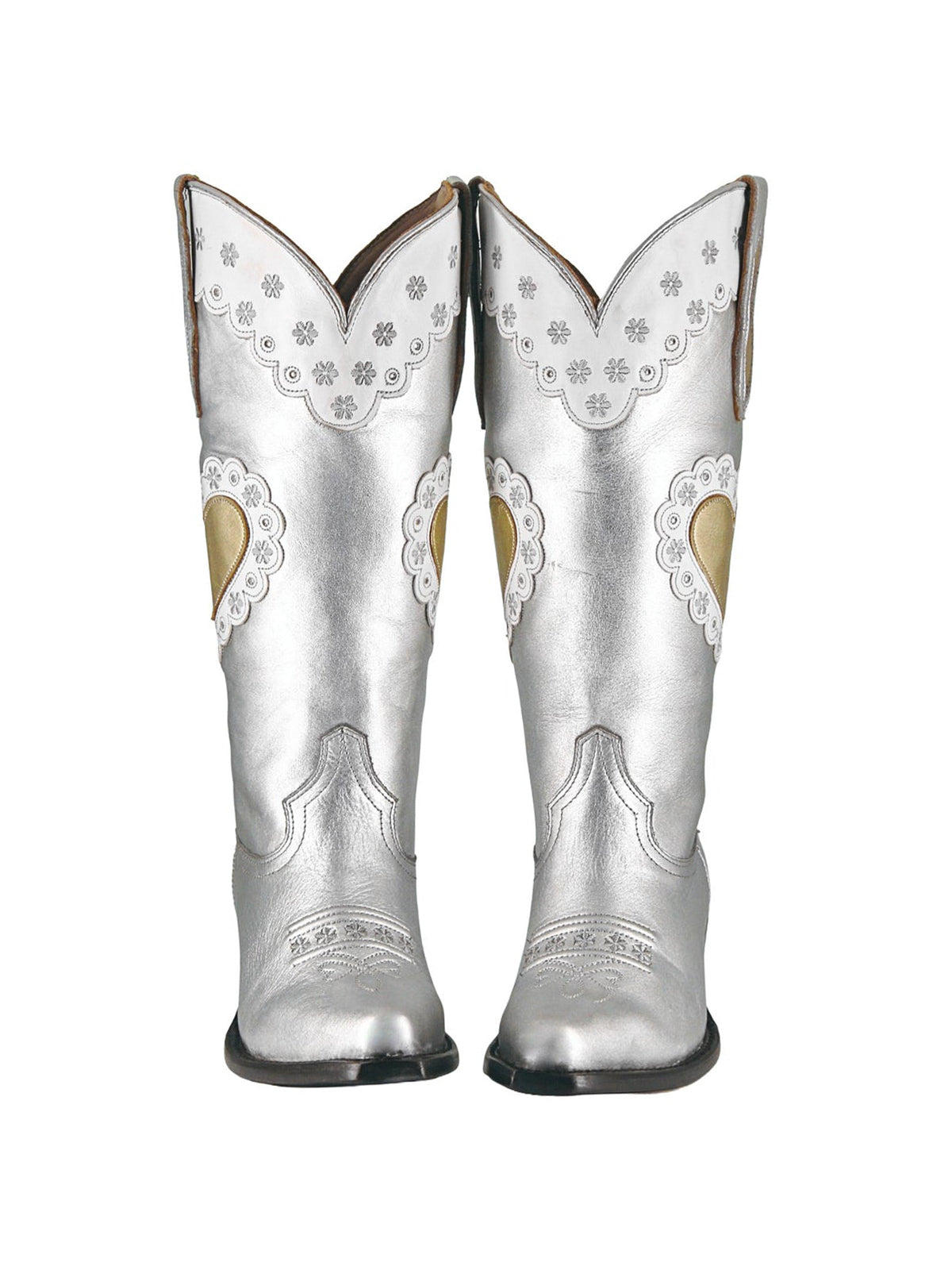 Metallic Silver Snip-Toe Heart Applique And Flowers Embroidery Mid Calf Cowgirl Boots