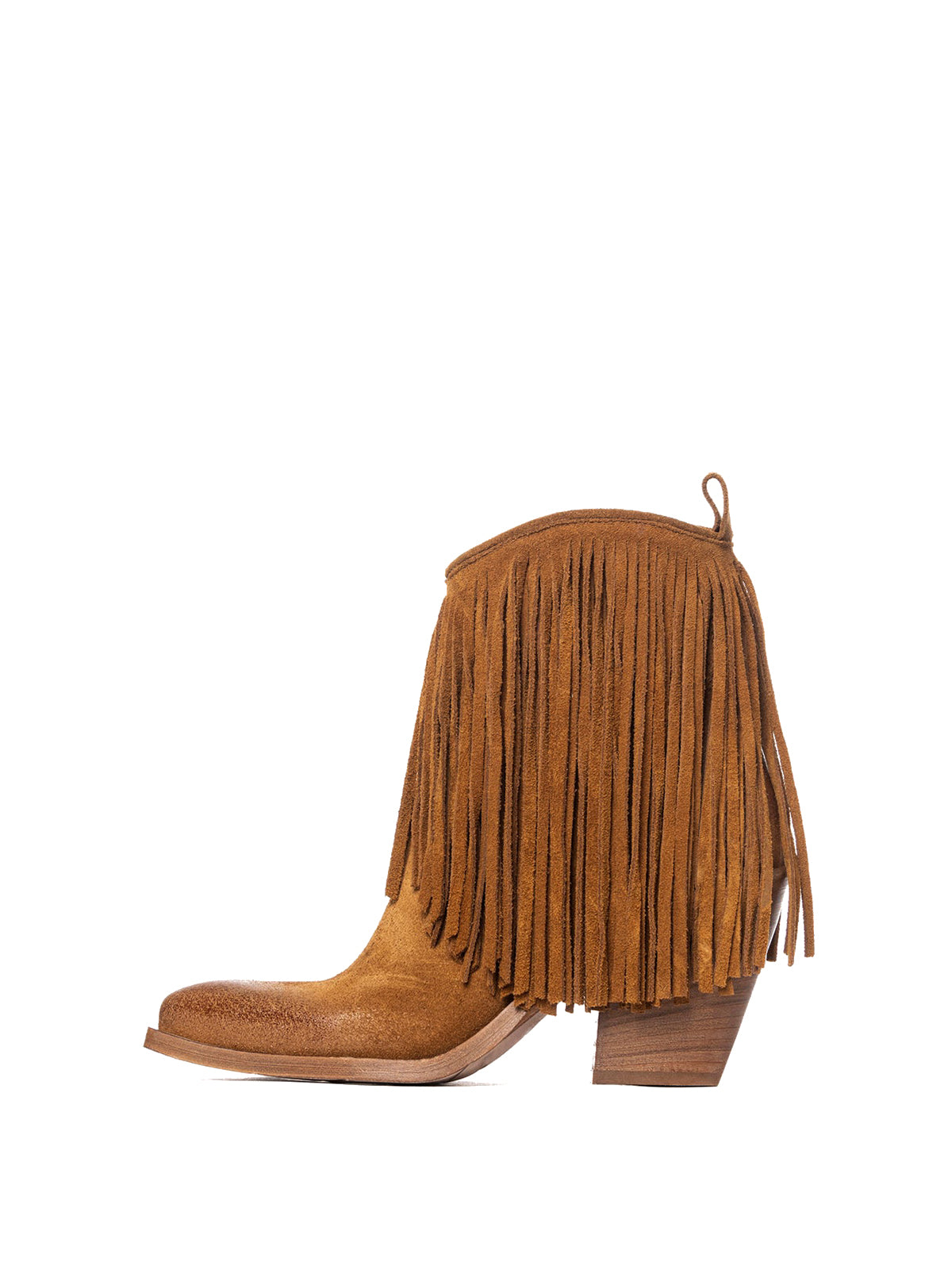 Brown Faux Suede Snip-Toe Fringe Full-Zip Ankle Cowgirl Boots