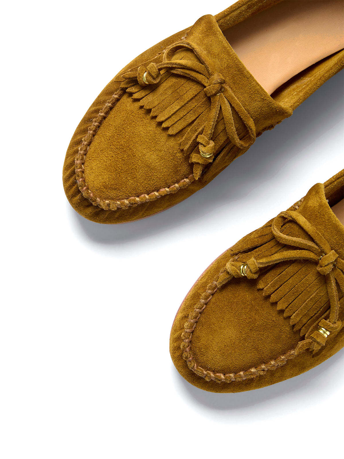 Caramel Cow Suede Round-Toe Front Fringe And Bow Loafers Flats