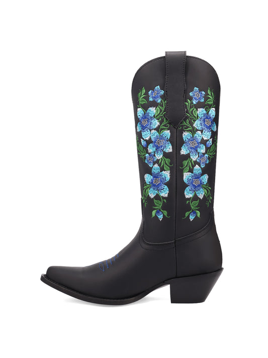 Black Snip-Toe Pink Florals Embroidery Chic Mid Calf Cowgirl Boots