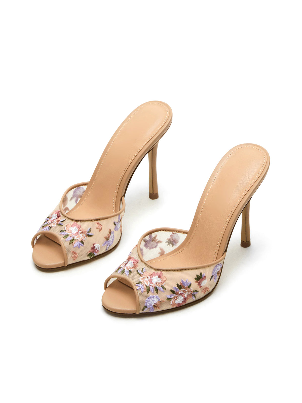 Високи токчета с гол гръб и флорални мотиви в телесен цвят