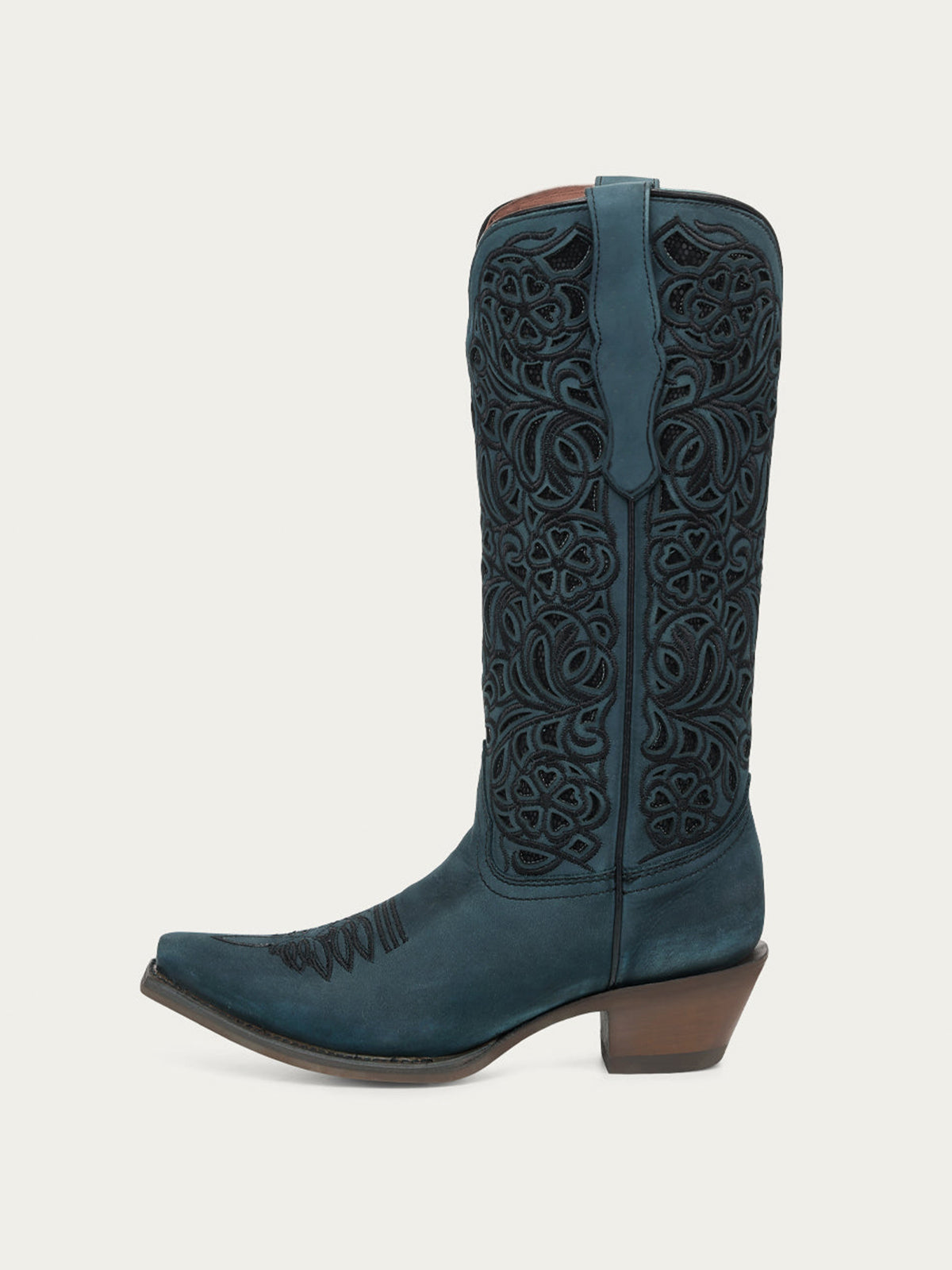 Navy Snip-Toe Inlay And Floral Embroidery Chic Mid Calf Cowgirl Boots