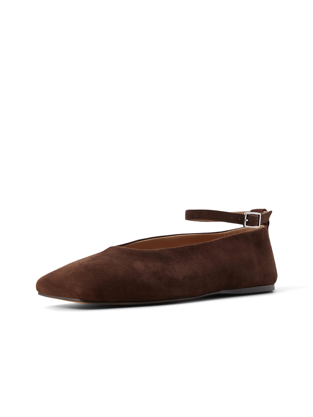 Dark Brown Faux Suede Square-Toe Ankle Strap Ballet Flats