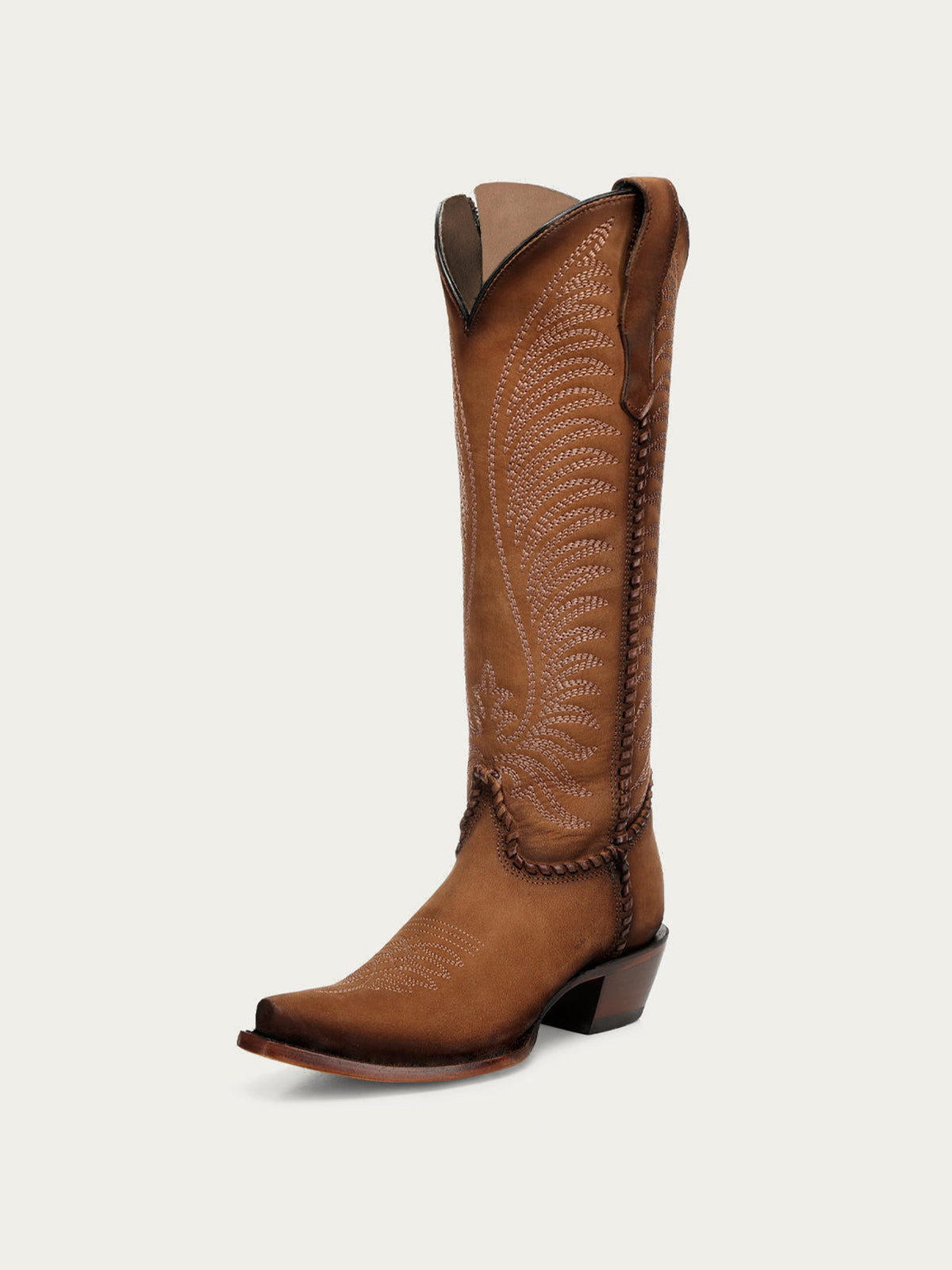 Chic Wings Embroidery Snip-Toe Full-Zip Knee High Cowgirl Boots - Tan