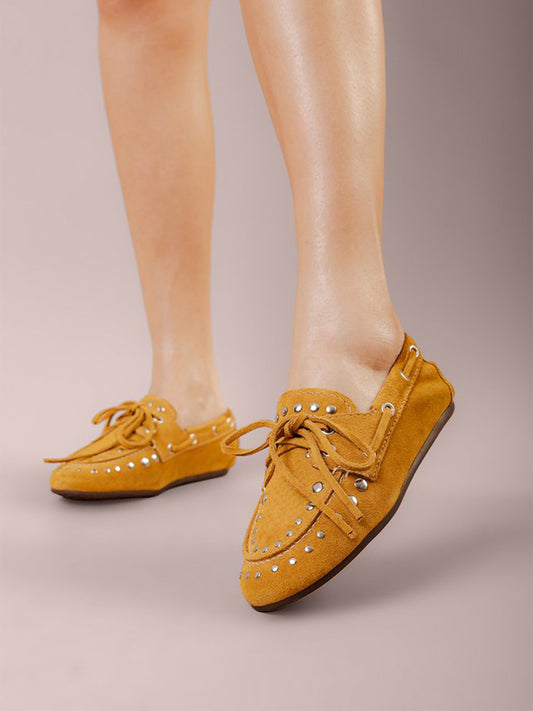 Almond Faux Suede Round-Toe Studs And Bow Classic Boat Shoes Flats