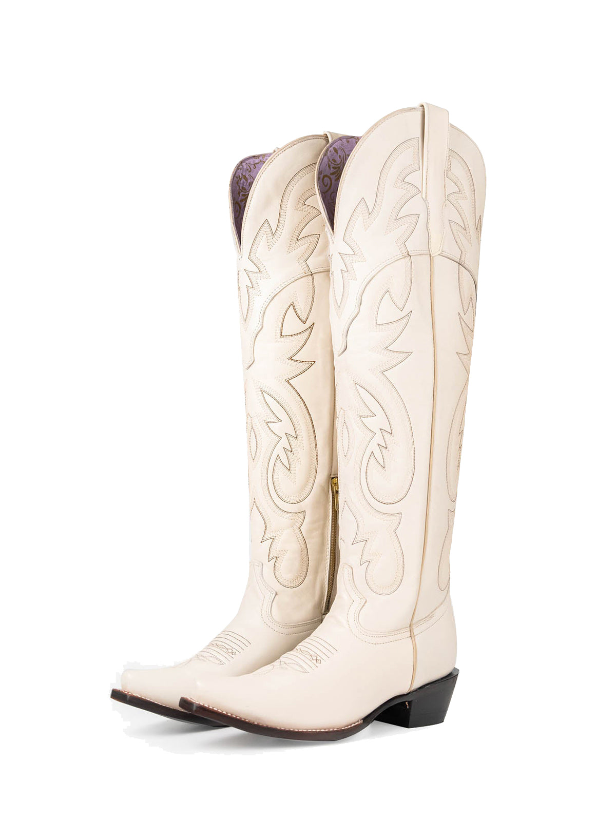 Bone Snip-Toe Half-Zip Embroidery Tall Over-The-Knee Cowgirl Boots