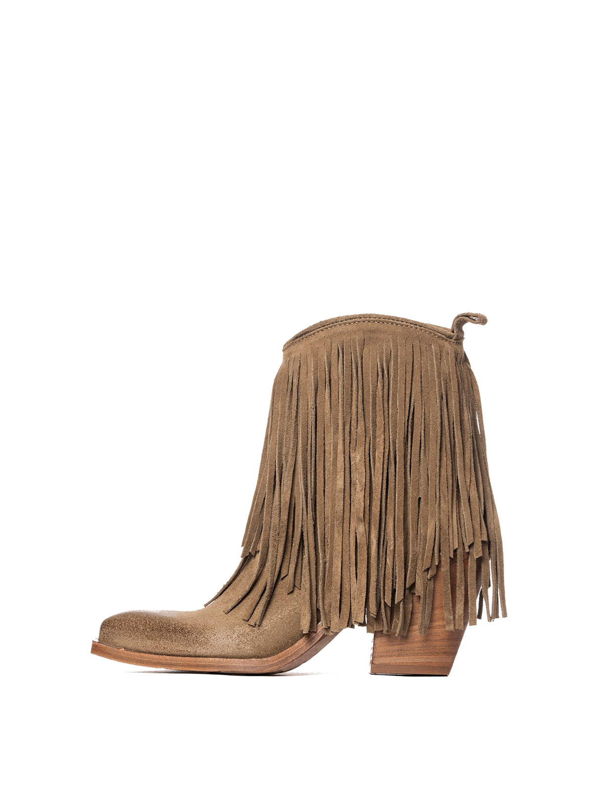 Dove Gray Faux Suede Snip-Toe Fringe Full-Zip Ankle Cowgirl Boots