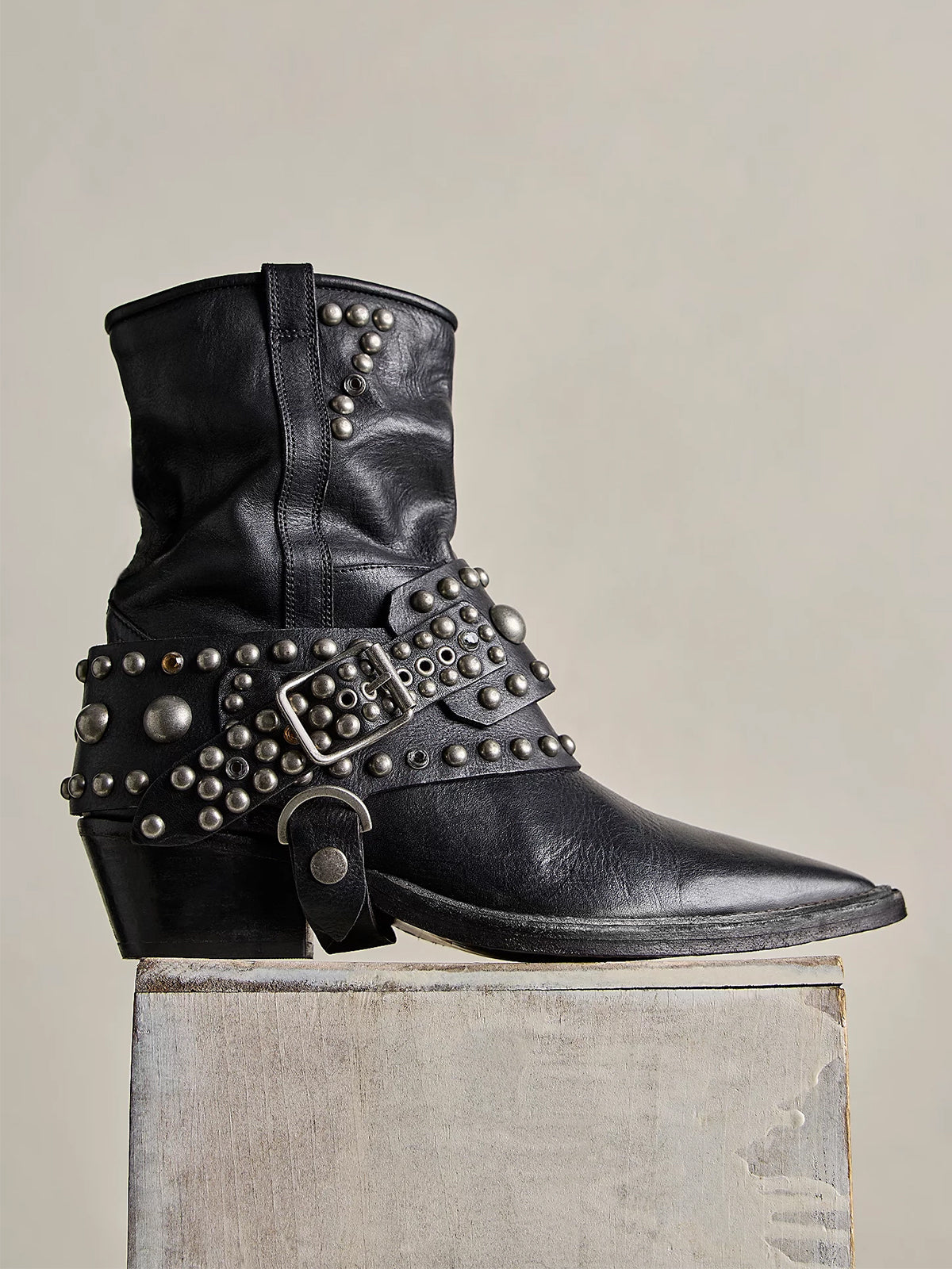 Black Pointed-Toe Studded Buckle Strap Full-Zip Ankle Cowgirl Boots