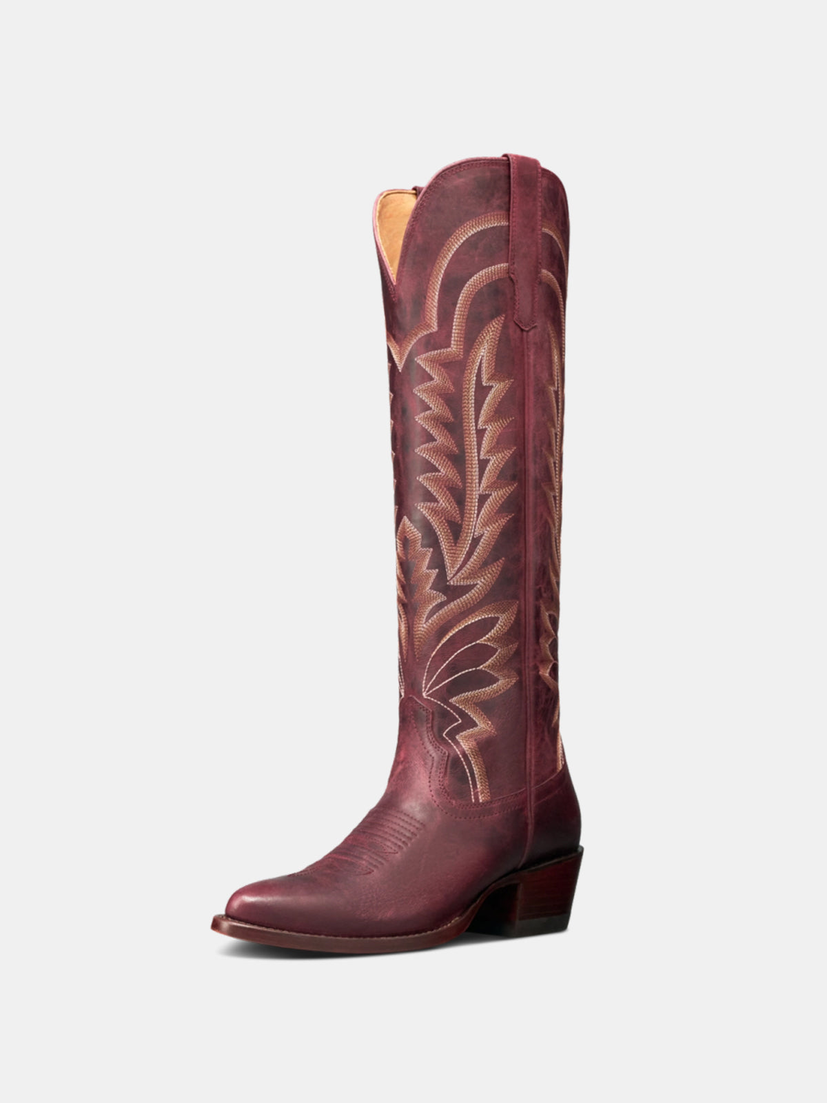 Western Embroidery Almond-Toe Tall Knee High Cowgirl Boots - Wine Red