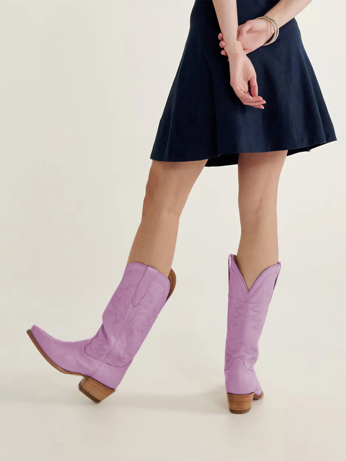 Purple Snip-Toe Embroidery Wide Calf Knee High Cowgirl Boots