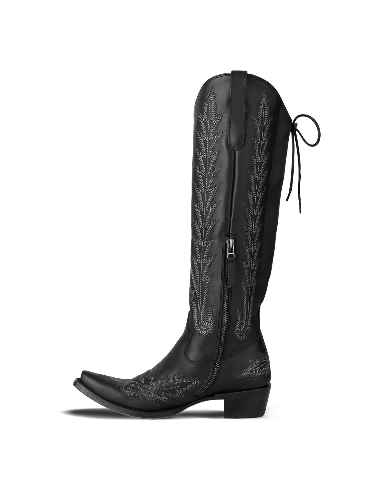 Snip-Toe Embroidery Half-Zip Back Lace-Up Knee High Cowgirl Boots - Black