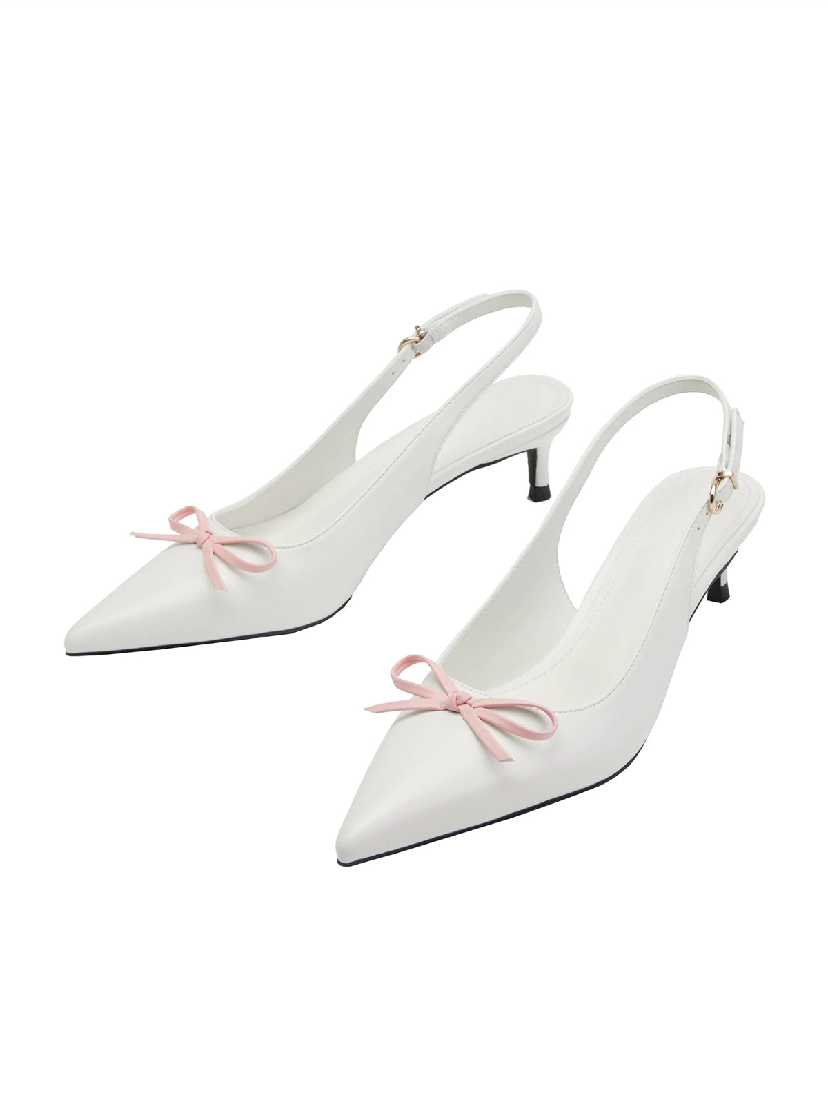 White Pointed-Toe Front Bow Buckle Back Strap Kitten Heels