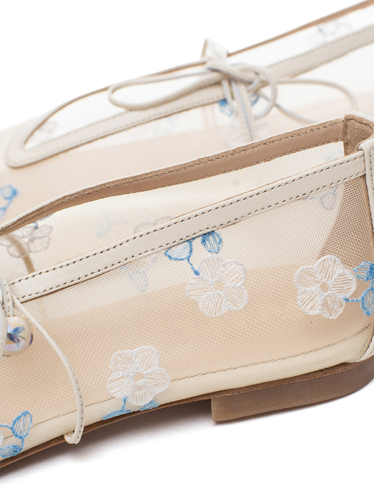 Cream Mesh Pointed-Toe Wildflowers Embroidery Mary Jane Ballet Flats