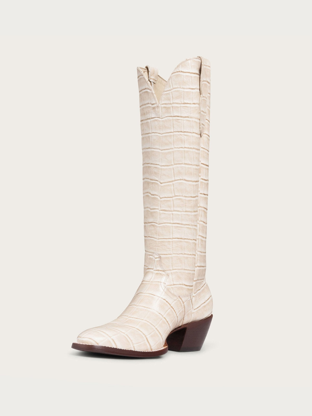 Bone Crocodile-Embossed Almond-Toe Wide Calf Tall Knee High Cowgirl Boots