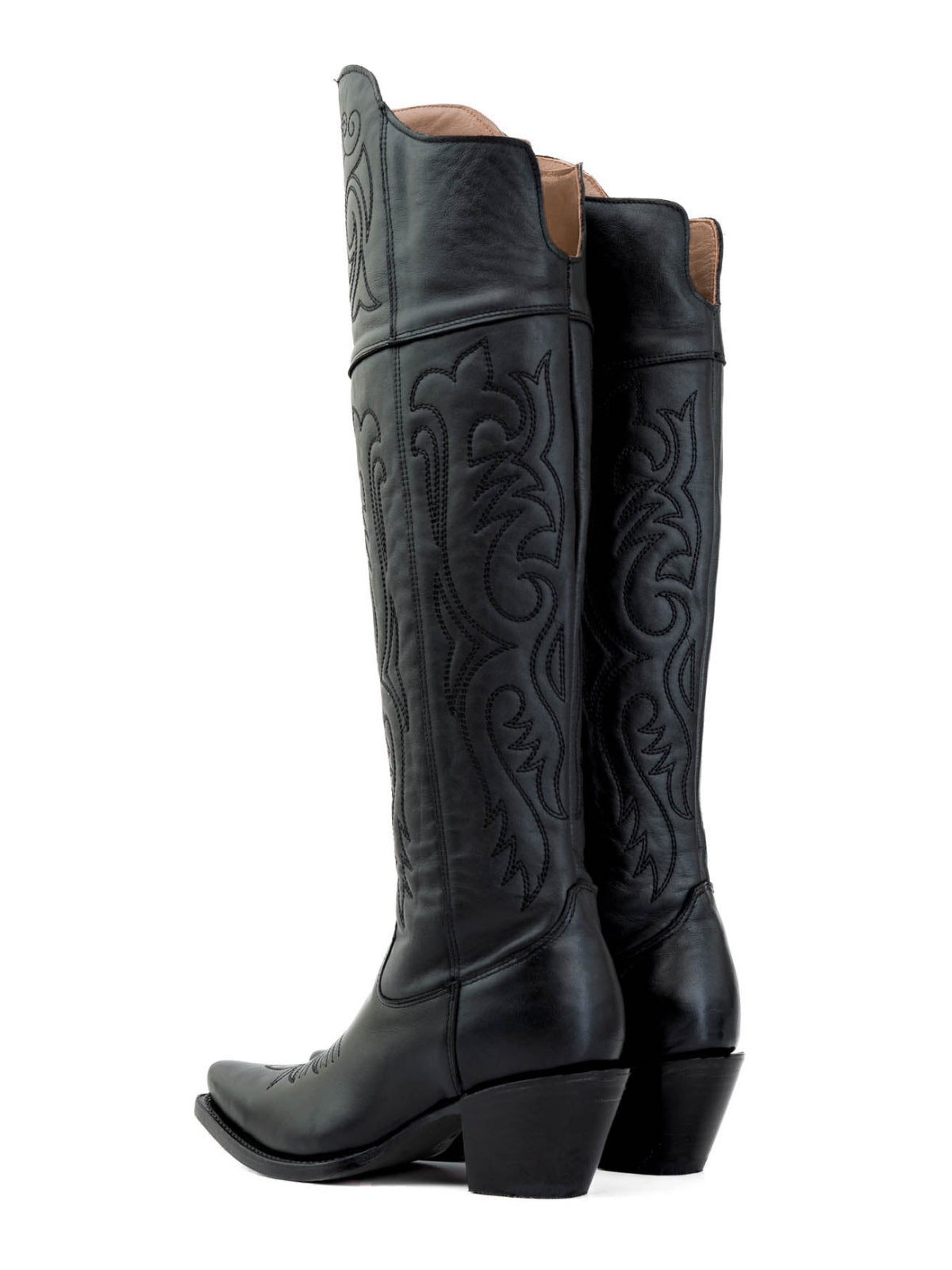 Black Snip-Toe Half-Zip Embroidery Tall Knee High Cowgirl Boots