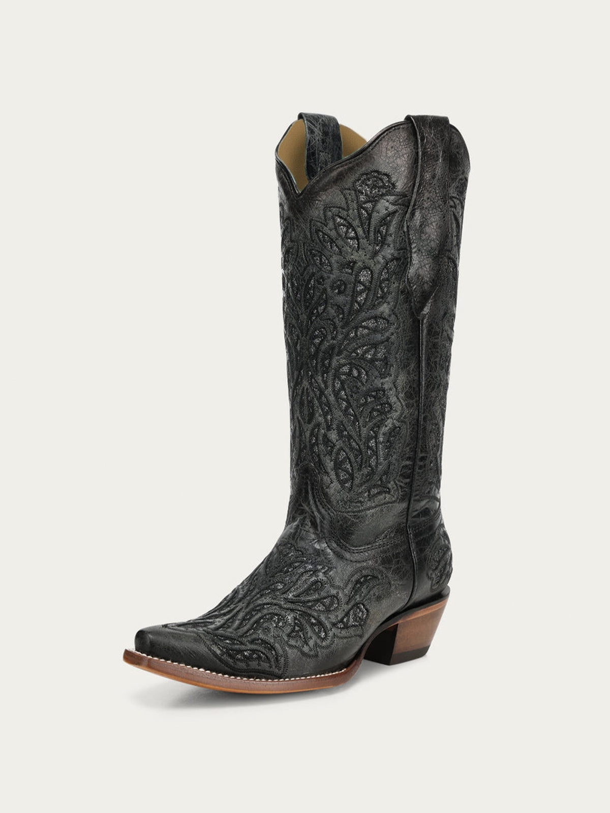 Distressed Black Snip-Toe Glitter Inlay And Embroidery Mid Calf Cowgirl Boots