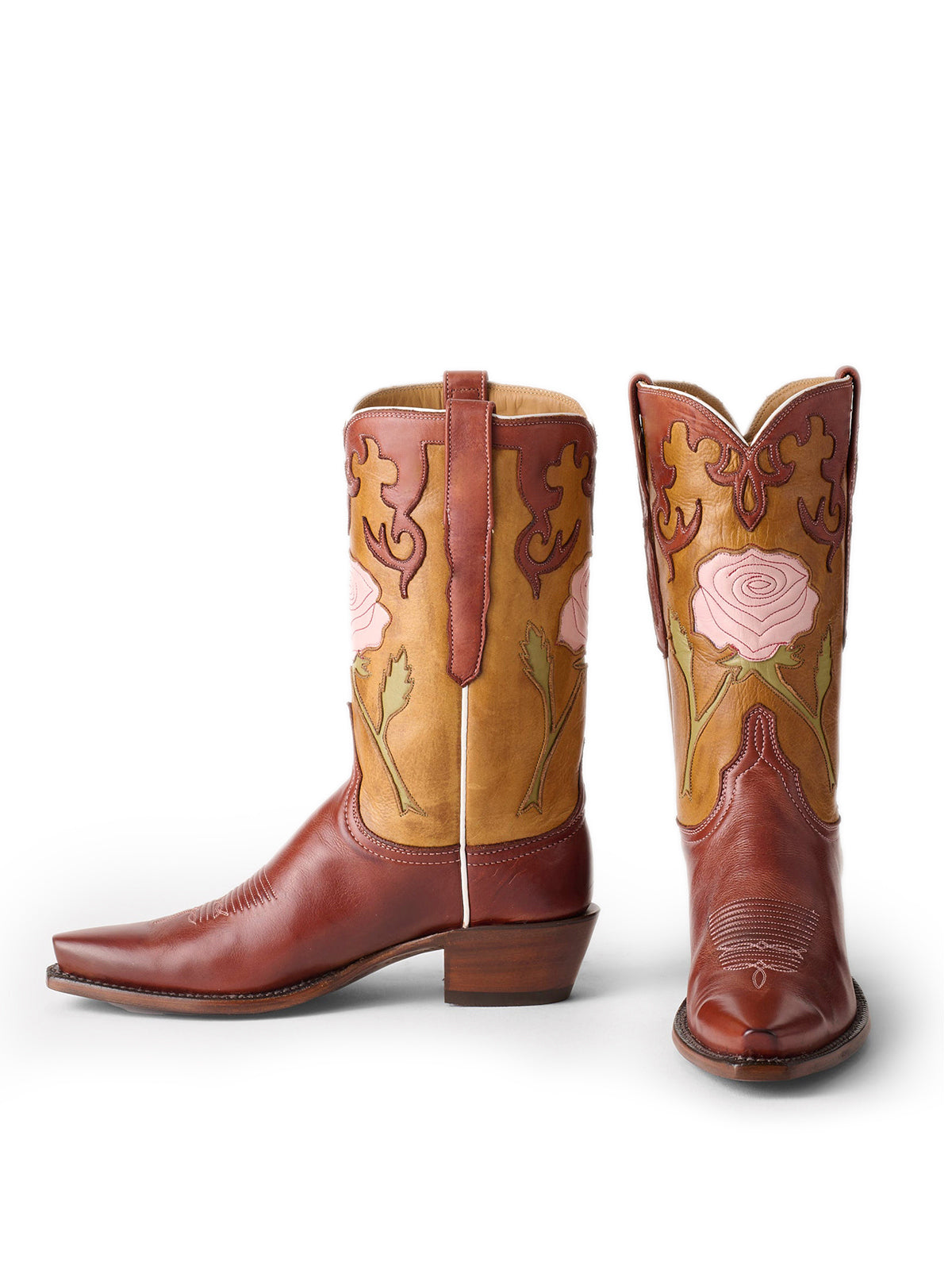 Contrast Brandy And Tan Snip-Toe Big Rose Inlay Mid Calf Cowgirl Boots