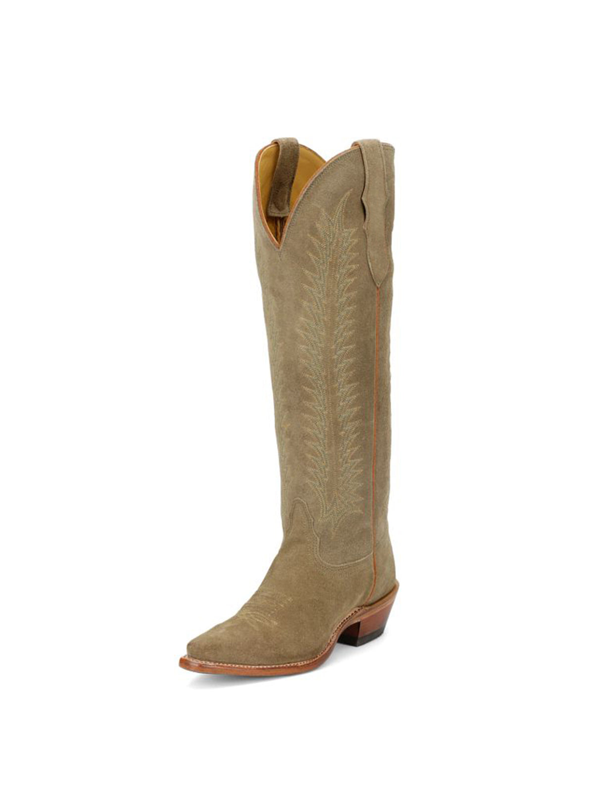 Green Faux Suede Snip-Toe Wide Calf Embroidery Knee High Cowgirl Boots