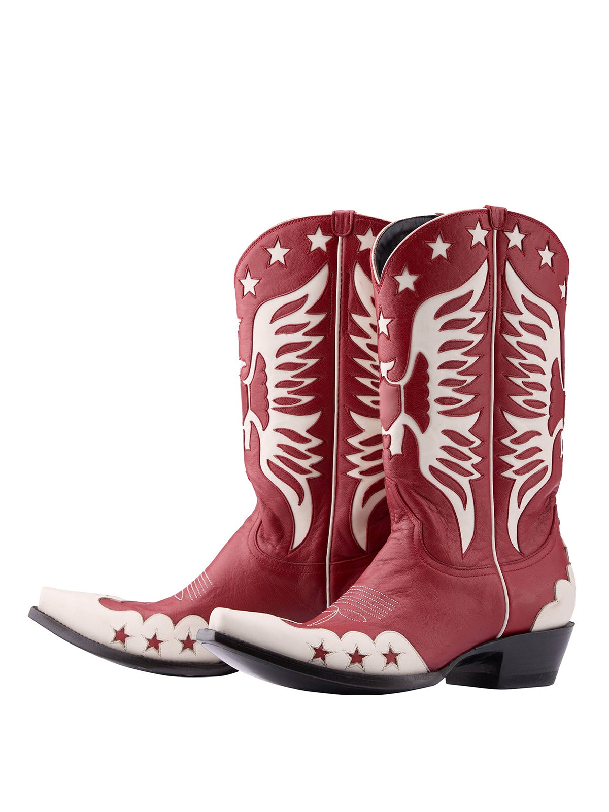 Red Snip-Toe Ivory Eagle And Star Inlay Chic Mid Calf Cowgirl Boots
