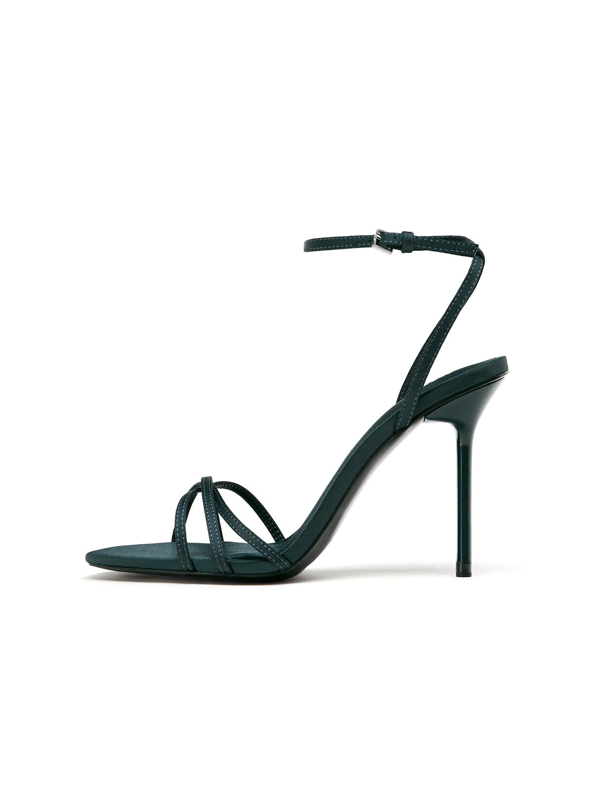 Dark Blue Satin Round-Toe Ankle Buckle Strap High Heels