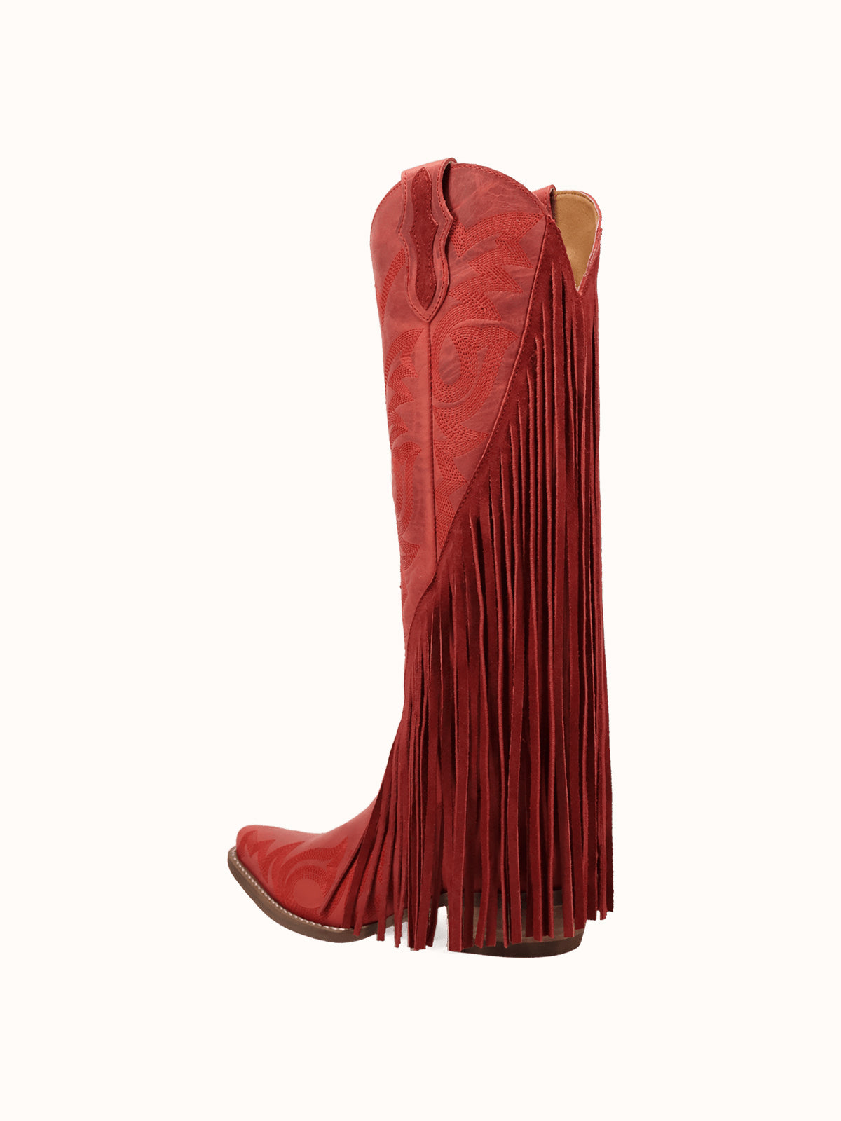 Red Snip-Toe Faux Suede Side Fringe Embroidery Wide Calf Knee High Cowgirl Boots