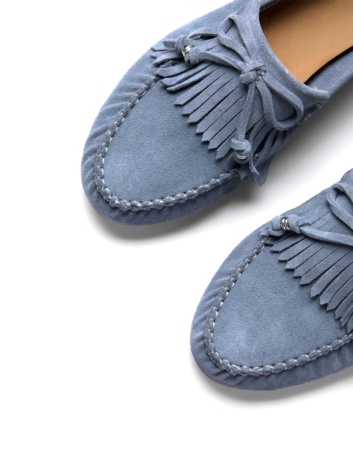 Blue Cow Suede Round-Toe Front Fringe And Bow Loafers Flats
