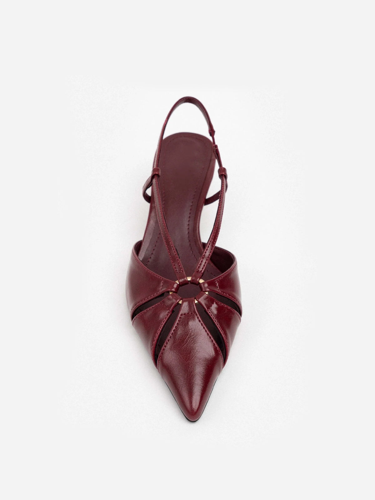 Burgundy Pointed-Toe Elastic Strap Slingback Kitten Heels