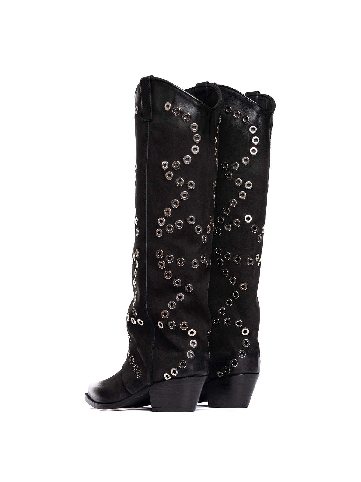 Black Faux Suede Snip-Toe Eyelet Wide Calf Knee High Cowgirl Boots