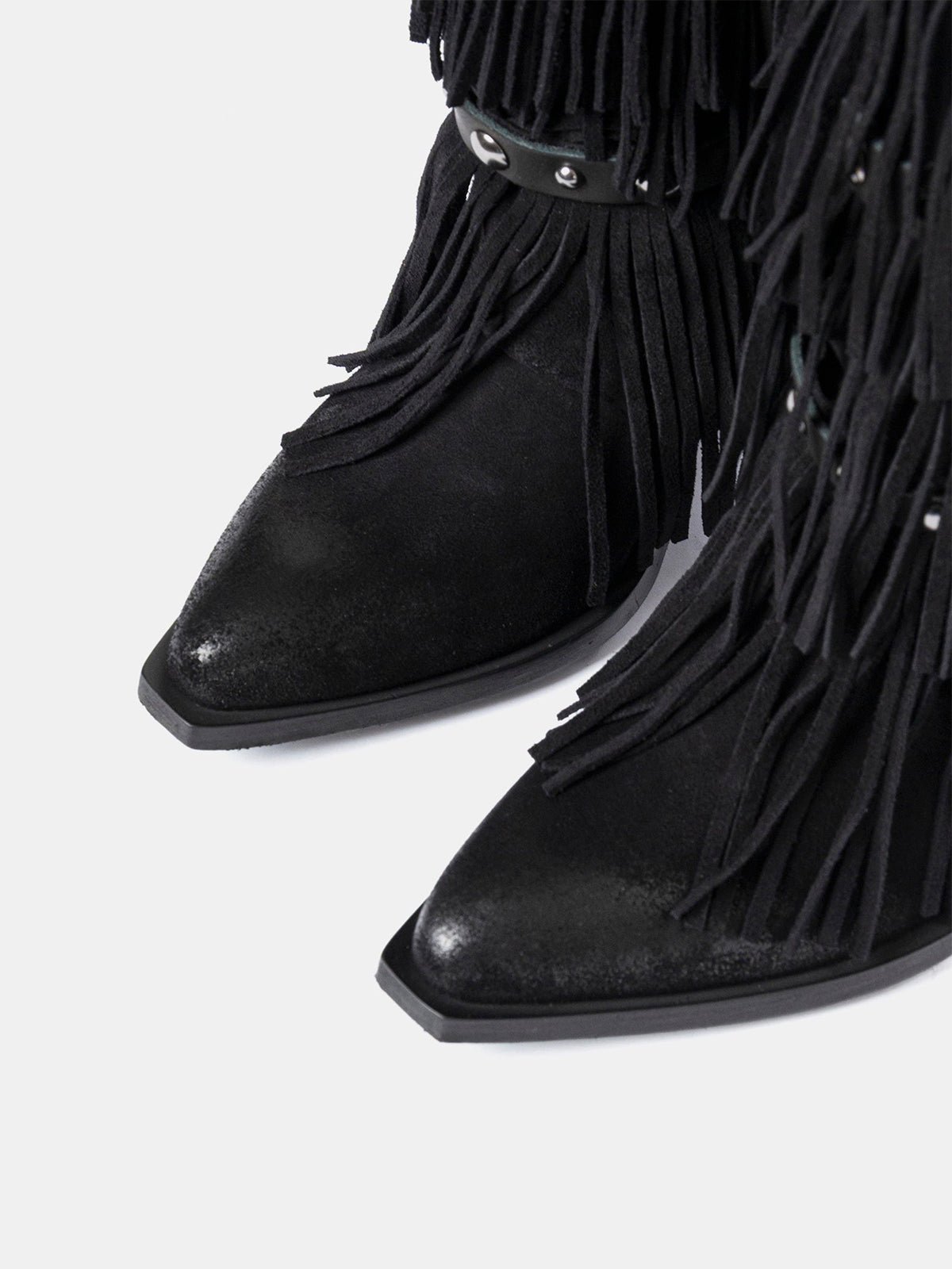 Black Faux Suede Snip-Toe Studded Straps Fringe Mid Calf Cowgirl Boots