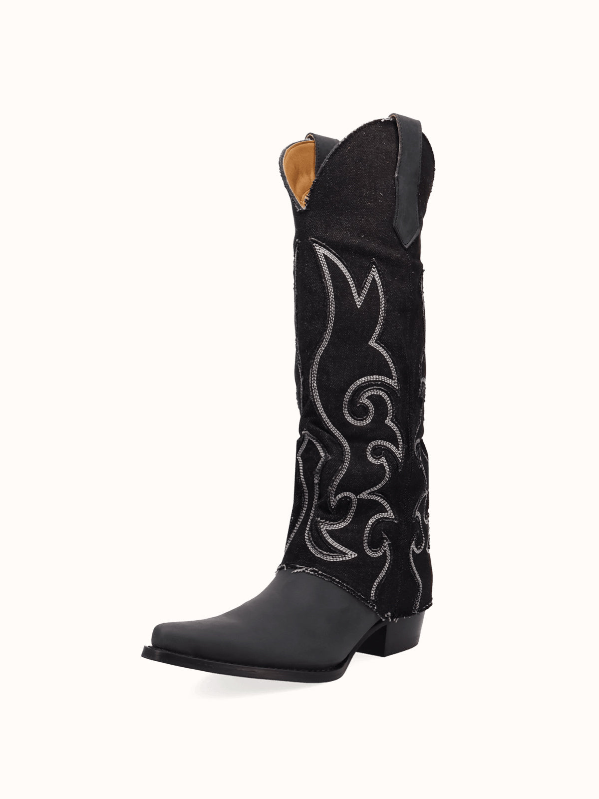 Black Denim And Vegan Leather Snip-Toe Embroidery Fold-Over Wide Calf Knee High Cowgirl Boots