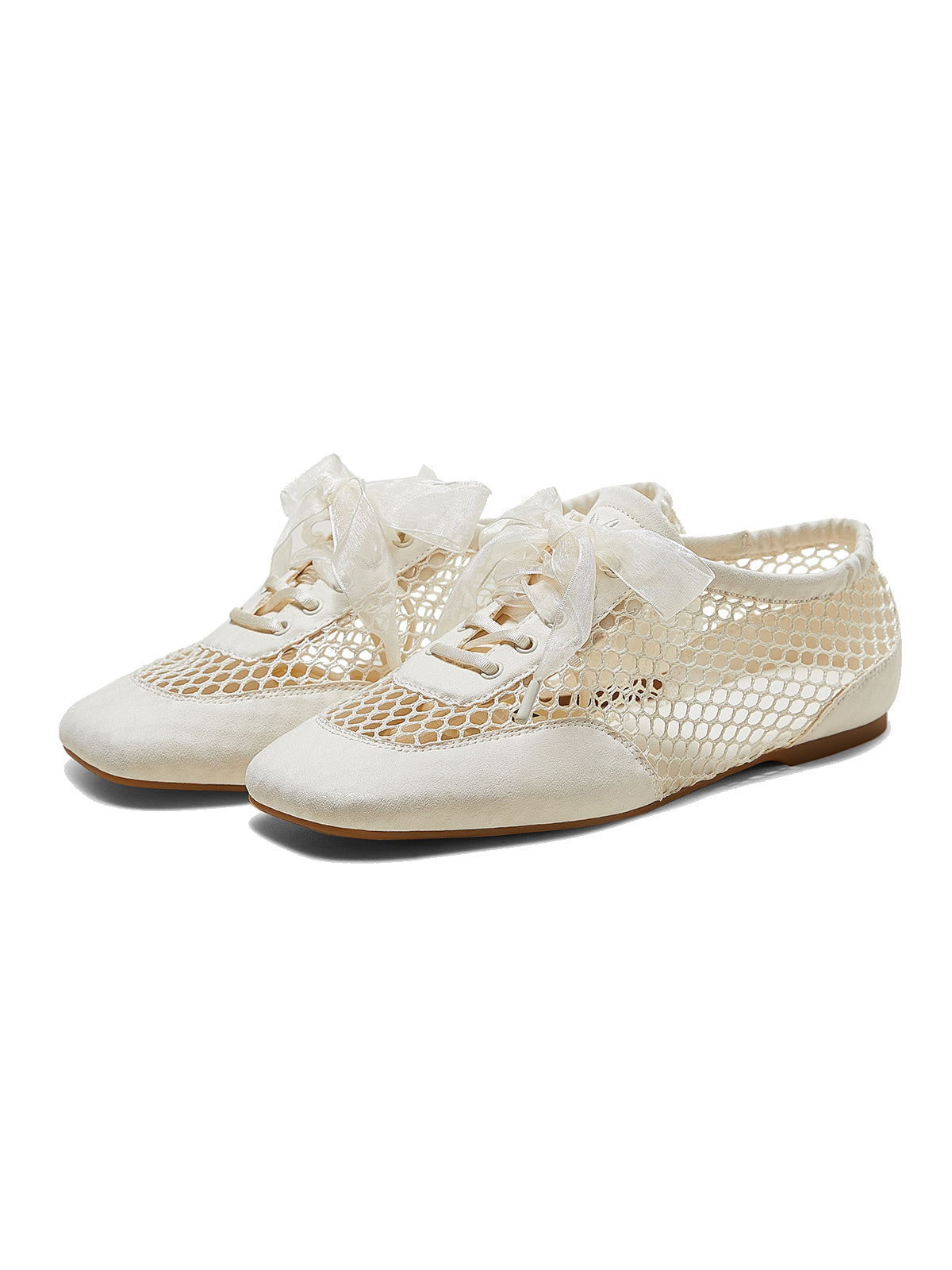 Ivory Mesh And Faux Suede Square-Toe Floral Embroidery Lace-Up Flats