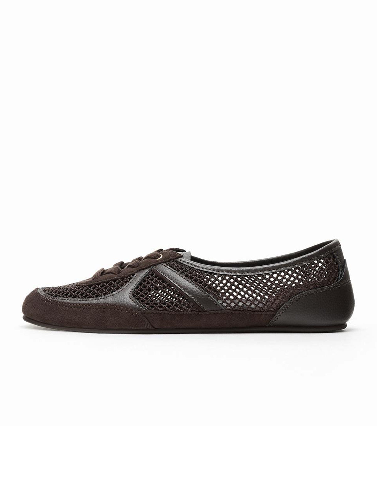 Coffee Faux Suede And Mesh Round-Toe Lace-Up Flats Sneakers