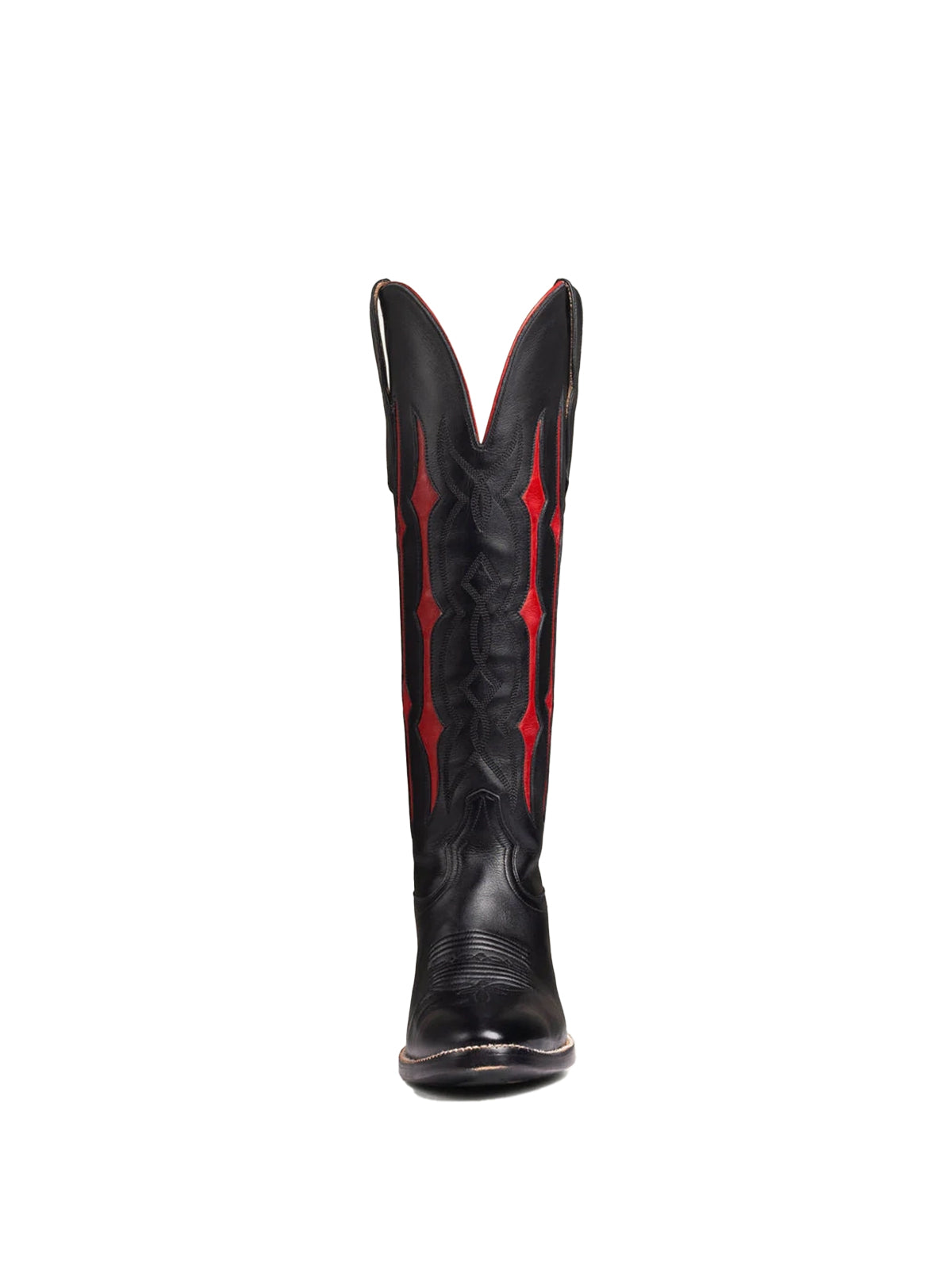 Black Contrast Red Inlay Stitch Almond-Toe Wide Knee High Western Cowgirl Boots
