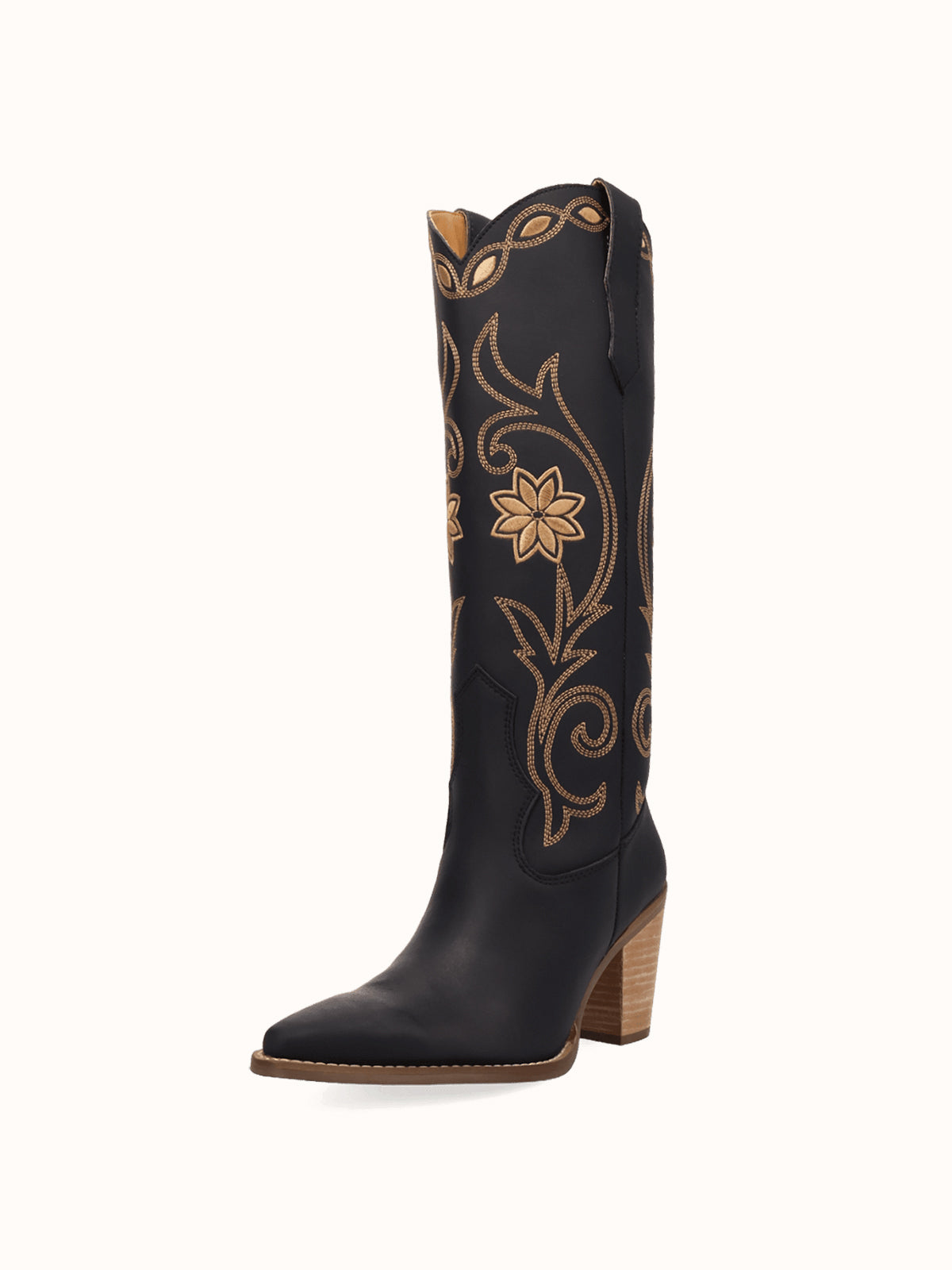 Snip-Toe Flowers And Chic Embroidery Wide Calf Knee High Cowgirl Boots - Black