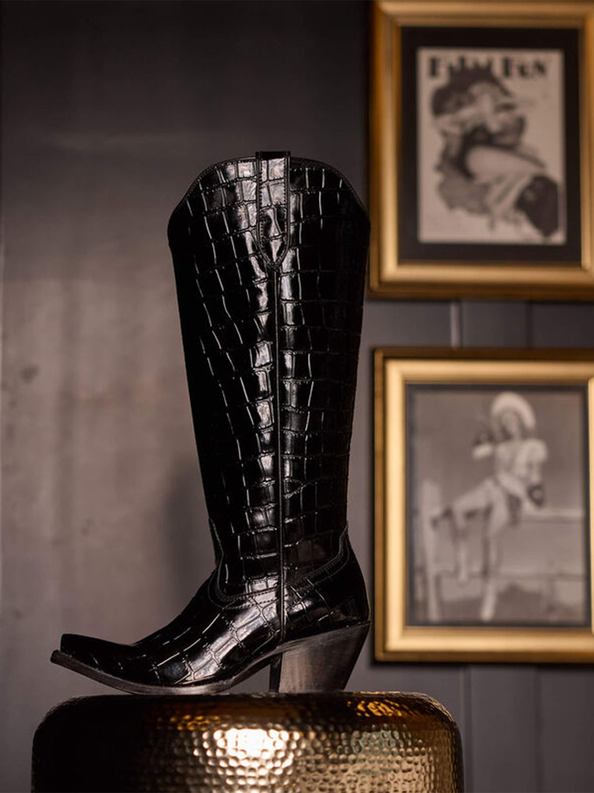 Black Stone-Print Snip-Toe Half-Zip Knee High Cowgirl Boots