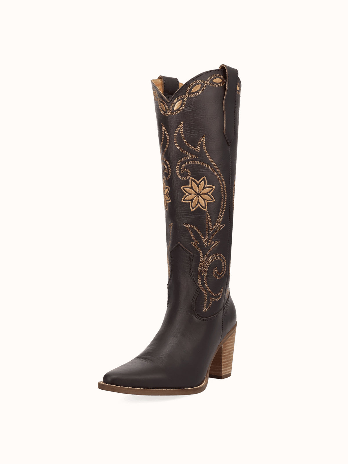 Snip-Toe Flowers And Chic Embroidery Wide Calf Knee High Cowgirl Boots - Brown