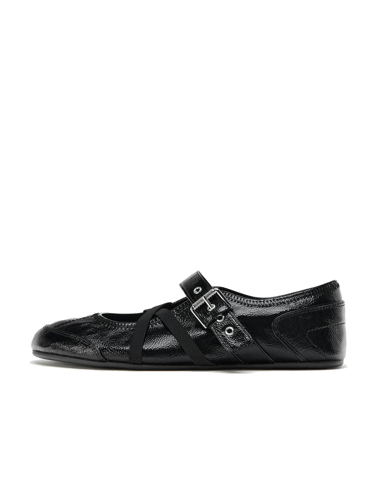 Patent Black Round-Toe Crossed Straps And Buckle Mary Jane Ballet Flats