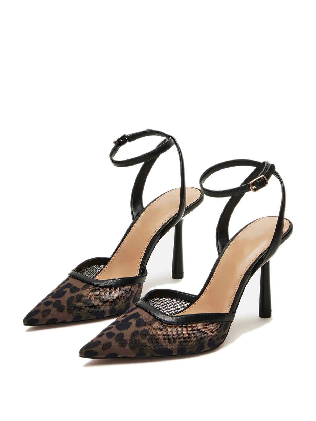 Mesh Pointed-Toe Ankle Strap Pumps High Heels - Leopard